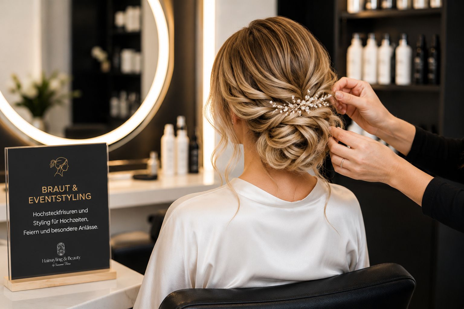 Braut & Eventstyling – Hochsteckfrisur mit Haarschmuck wird im Salon von Hairstyling & Beauty by Susanne Tress gesteckt
