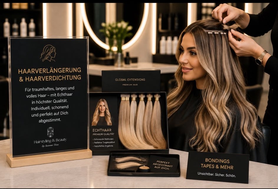 Haarverlängerung mit Echthaar-Extensions wird bei einer Kundin im Salon Tress eingearbeitet