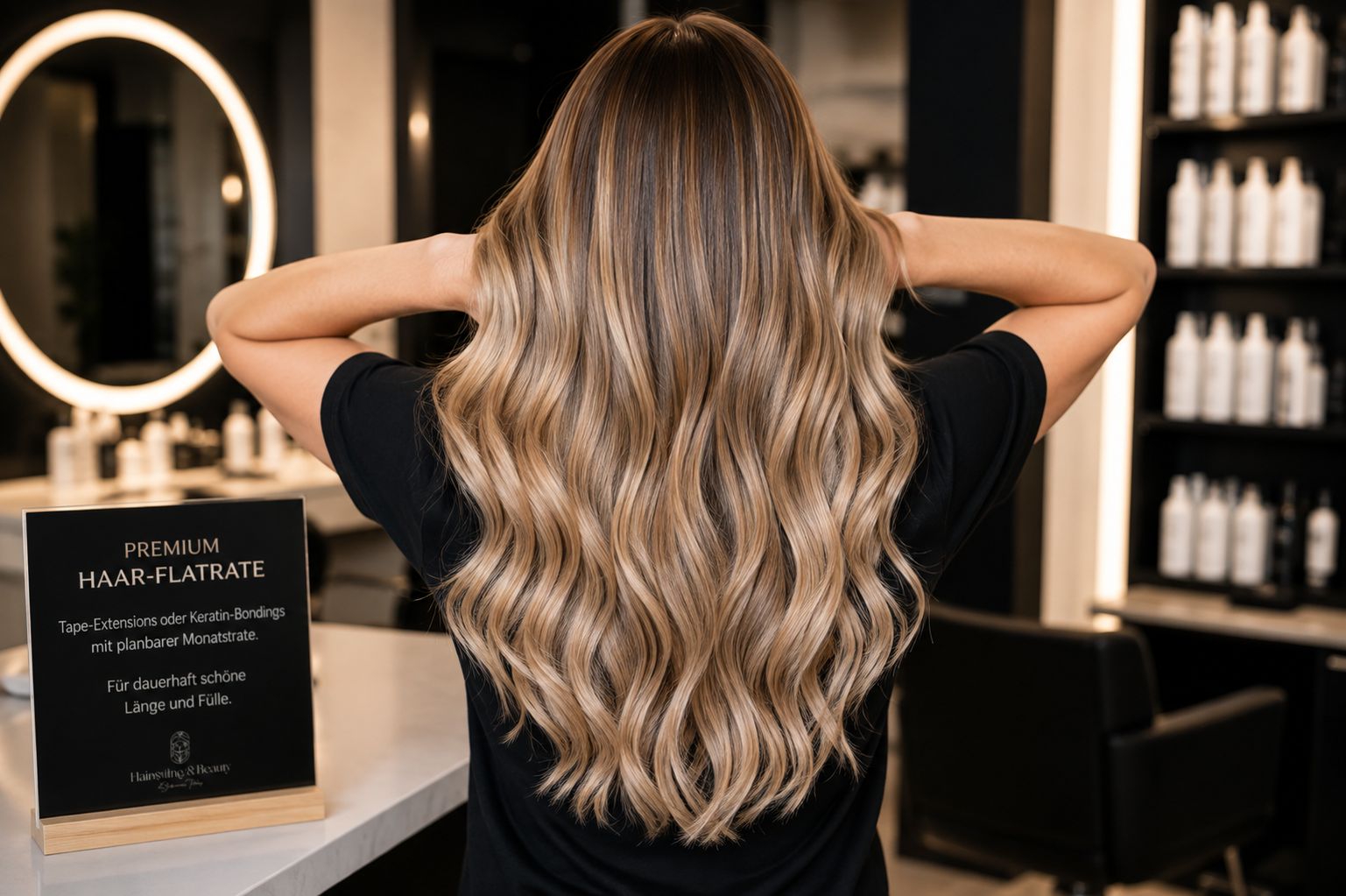 Premium Haar-Flatrate – Tape-Extensions oder Keratin-Bondings mit planbarer Monatsrate: Aufsteller im Salon neben langem, gewelltem Blondhaar