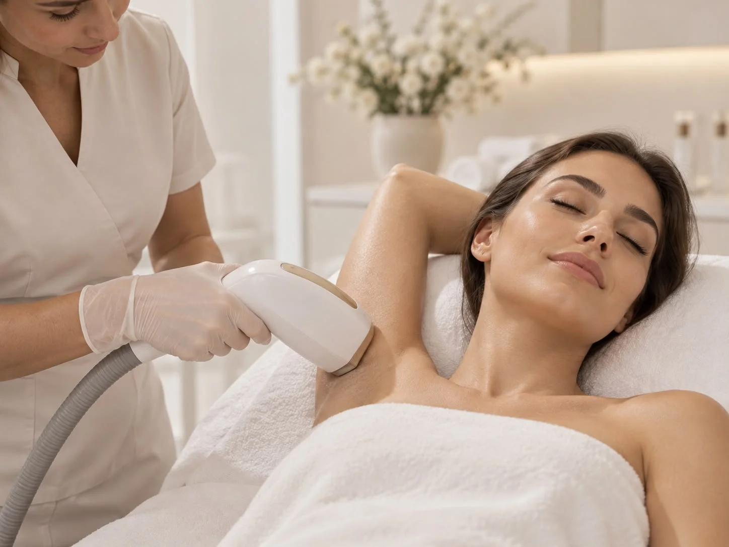 Behandlung der Achselhöhle mit einem IPL-Handstück im Salon