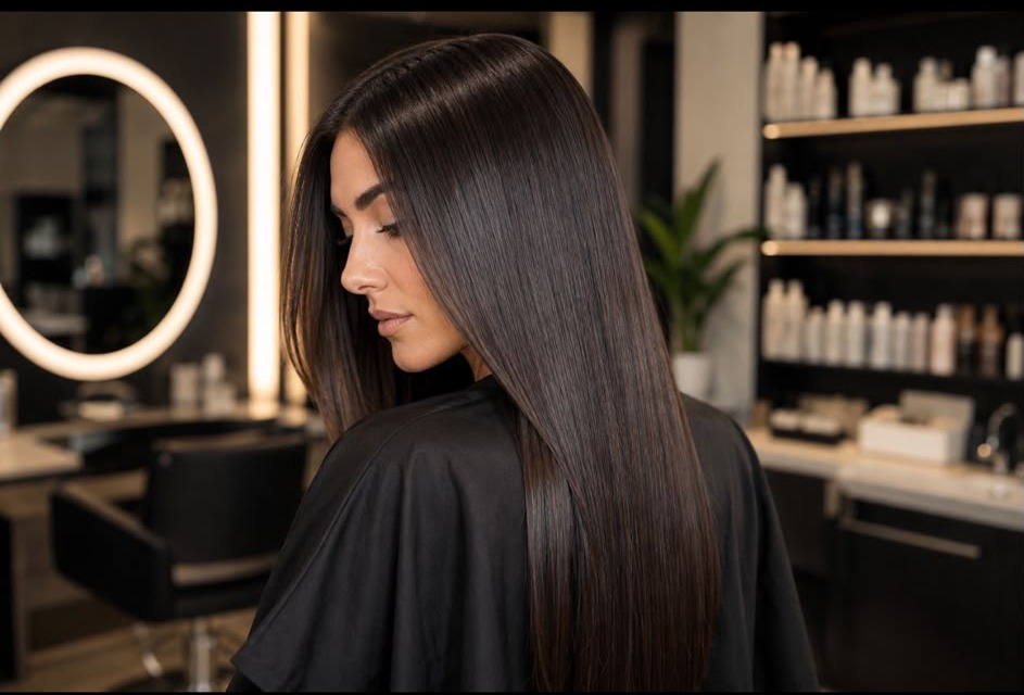 Kundin mit glattem, glänzendem Haar nach einer Keratin-Glättung im Salon Tress