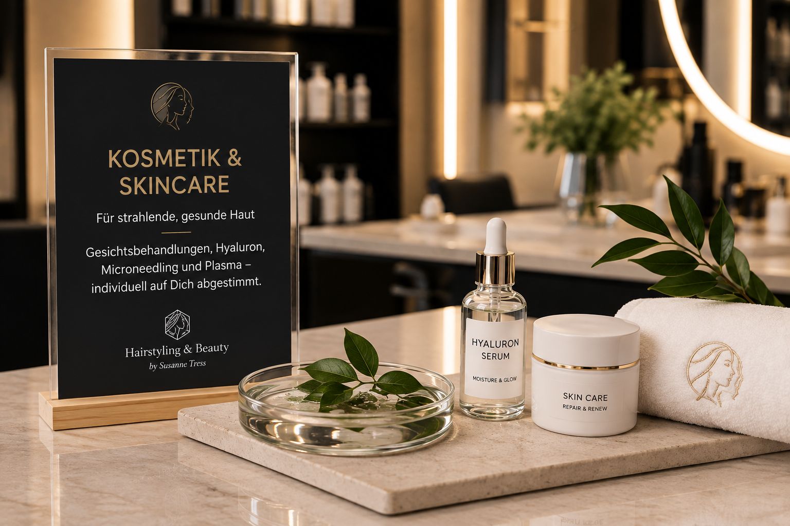 Kosmetik & SkinCare – Aufsteller mit Hyaluron-Serum und Pflegeprodukten auf dem Behandlungstisch im Salon Tress