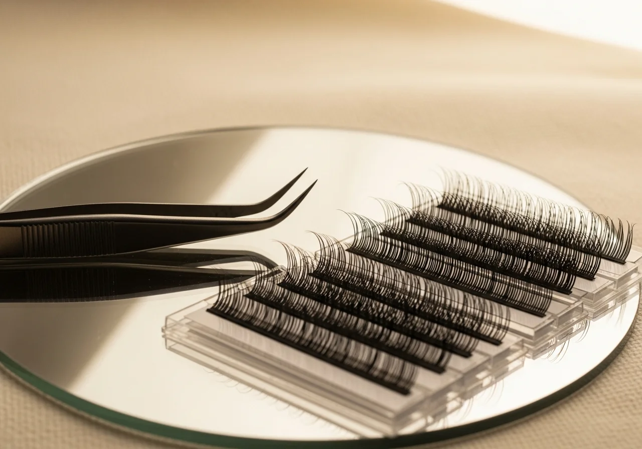 Feine Pinzette und einzelne Wimpernfächer auf einem Spiegeltablett