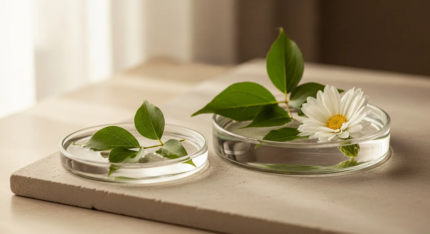 Botanische Blätter und eine weiße Blüte in flachen Glasschalen mit Wasser