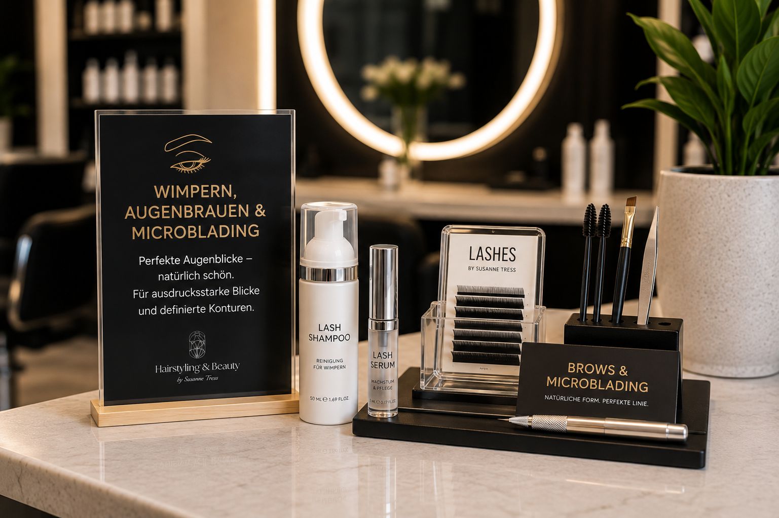 Wimpern, Augenbrauen & Microblading – Aufsteller mit Lash-Produkten, Wimpernpalette und Microblading-Werkzeug im Salon Tress